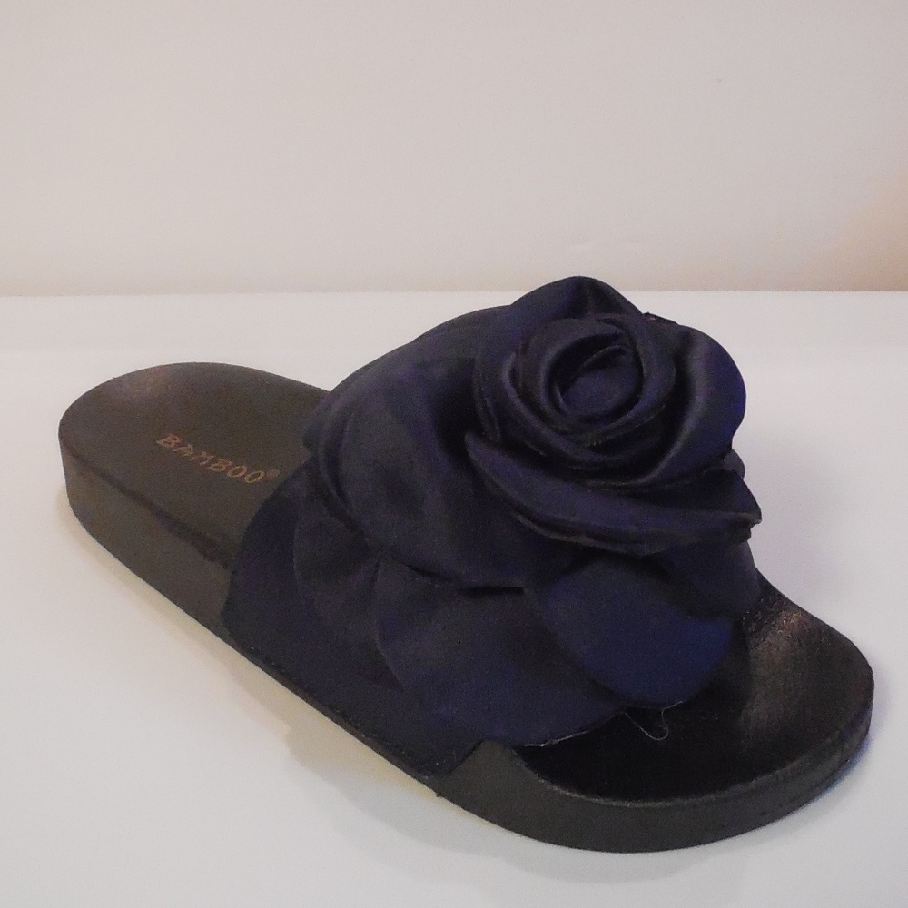NEW Bamboo Satin Flower Slide Navy Blue Sandals